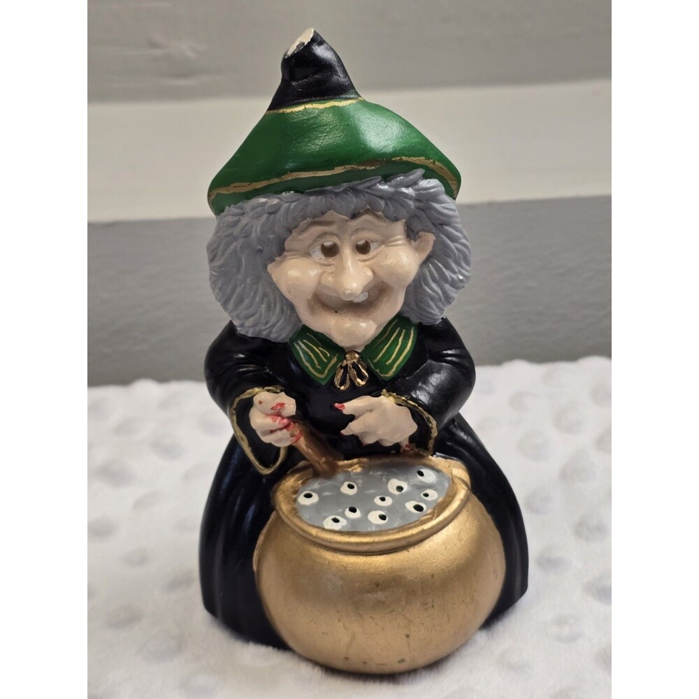 Halloween Witch Ceramic Figurine Painted 3D Effect Black Green Gold 6" Tall Chip